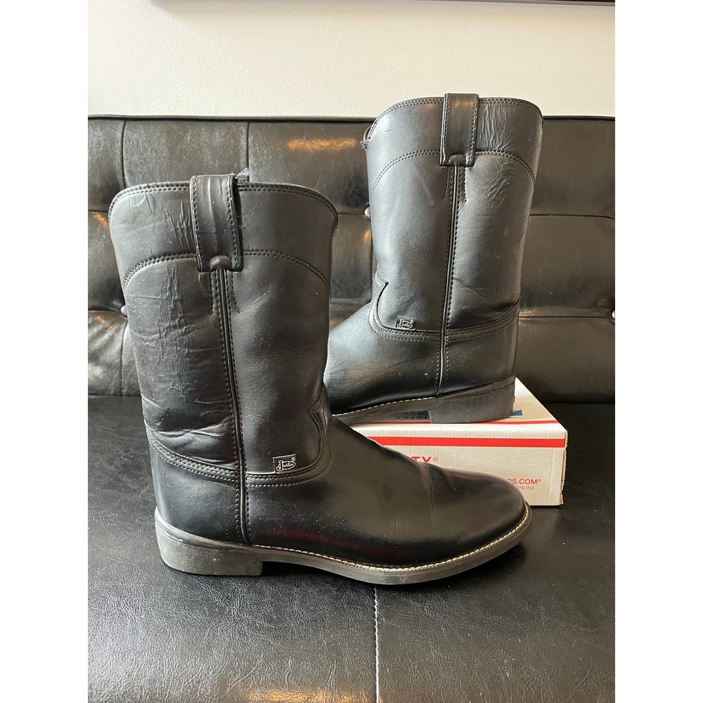 Justin Basics Mens Black Leather Western Roper Boots JB3000 Size 8.5 D